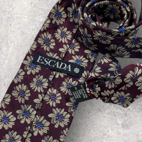 ESCADA Burgundy/Blue Floral Silk LUXURY Tie ITALY - Picture 3 of 6